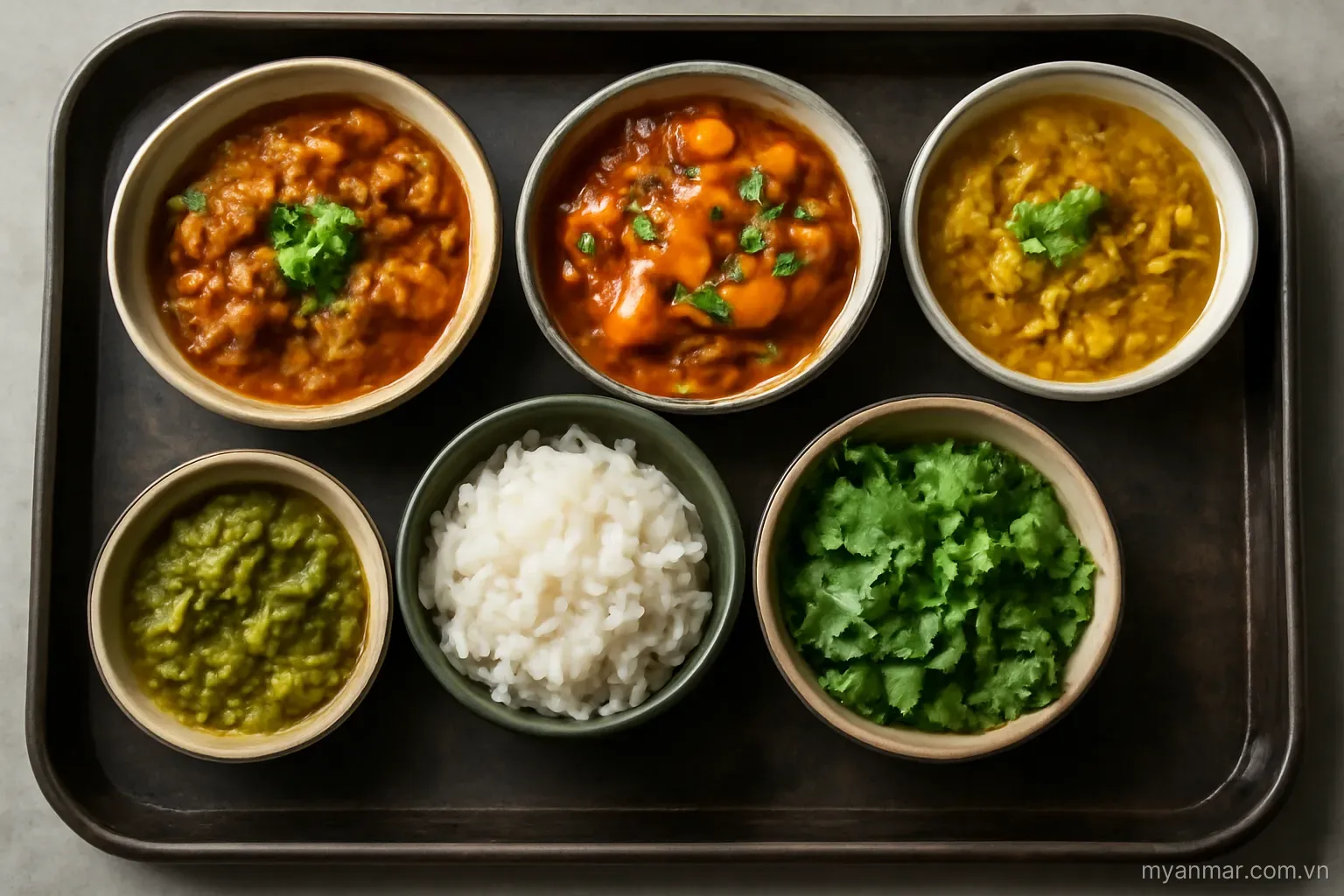 A tray with several small bowls of curry, rice and fresh greens, top-down view, no text