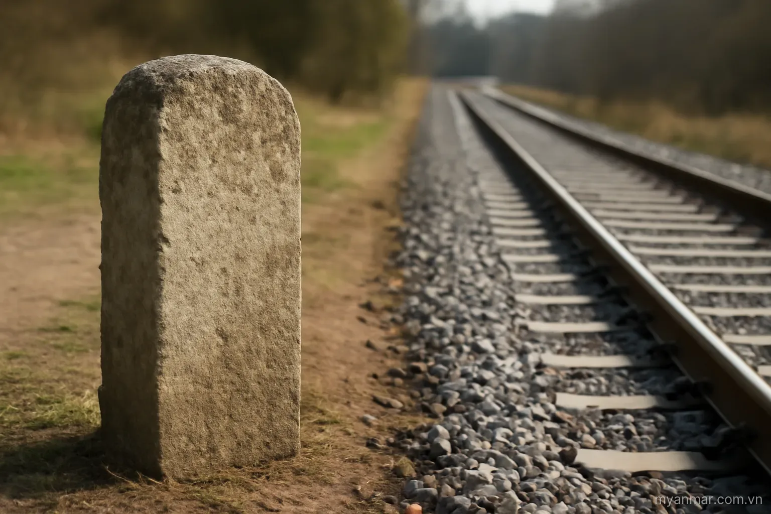 An old stone marker standing untouched beside a freshly laid track, side view, no text