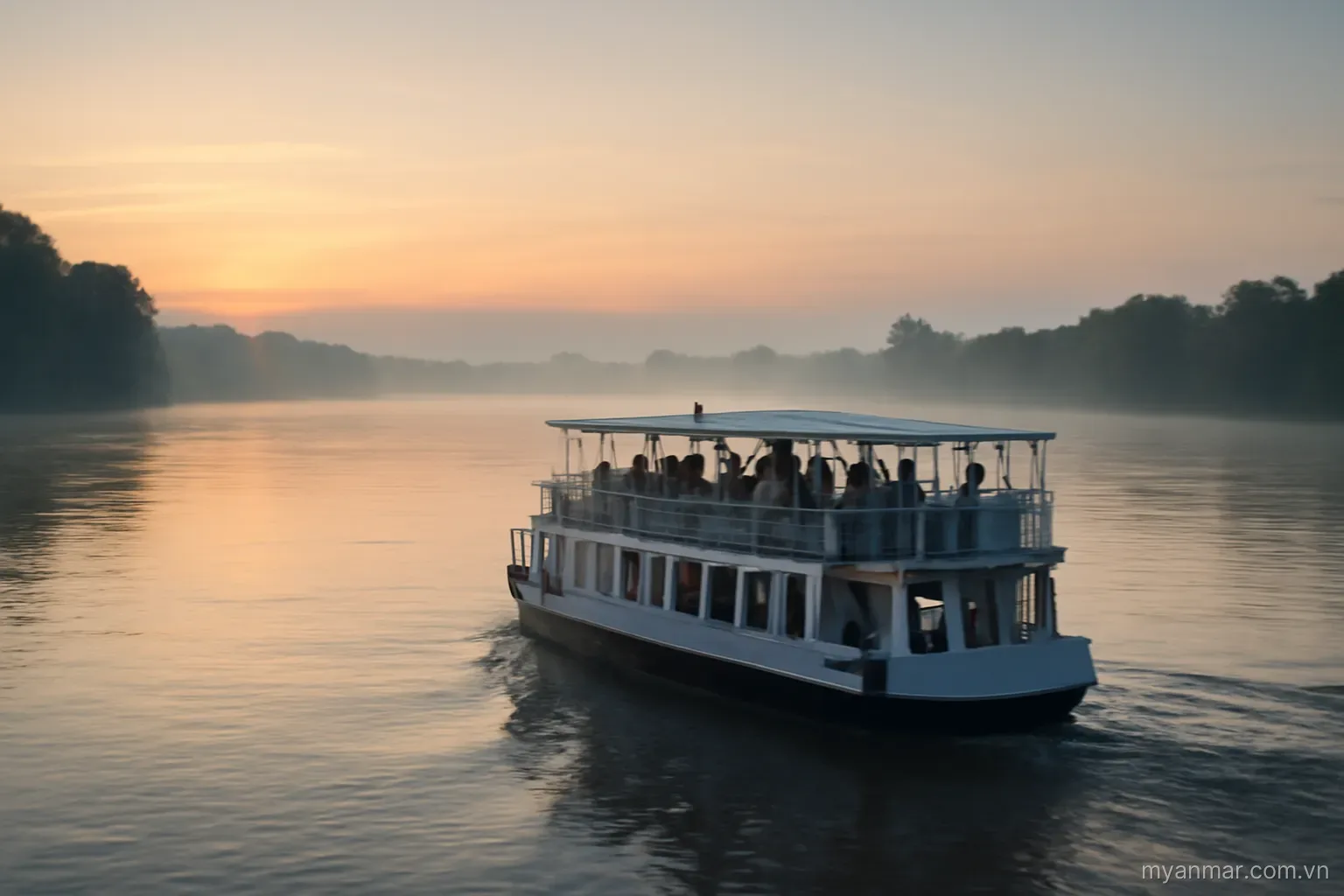 A riverboat with passengers moving along a wide river at dawn, wide view, no text