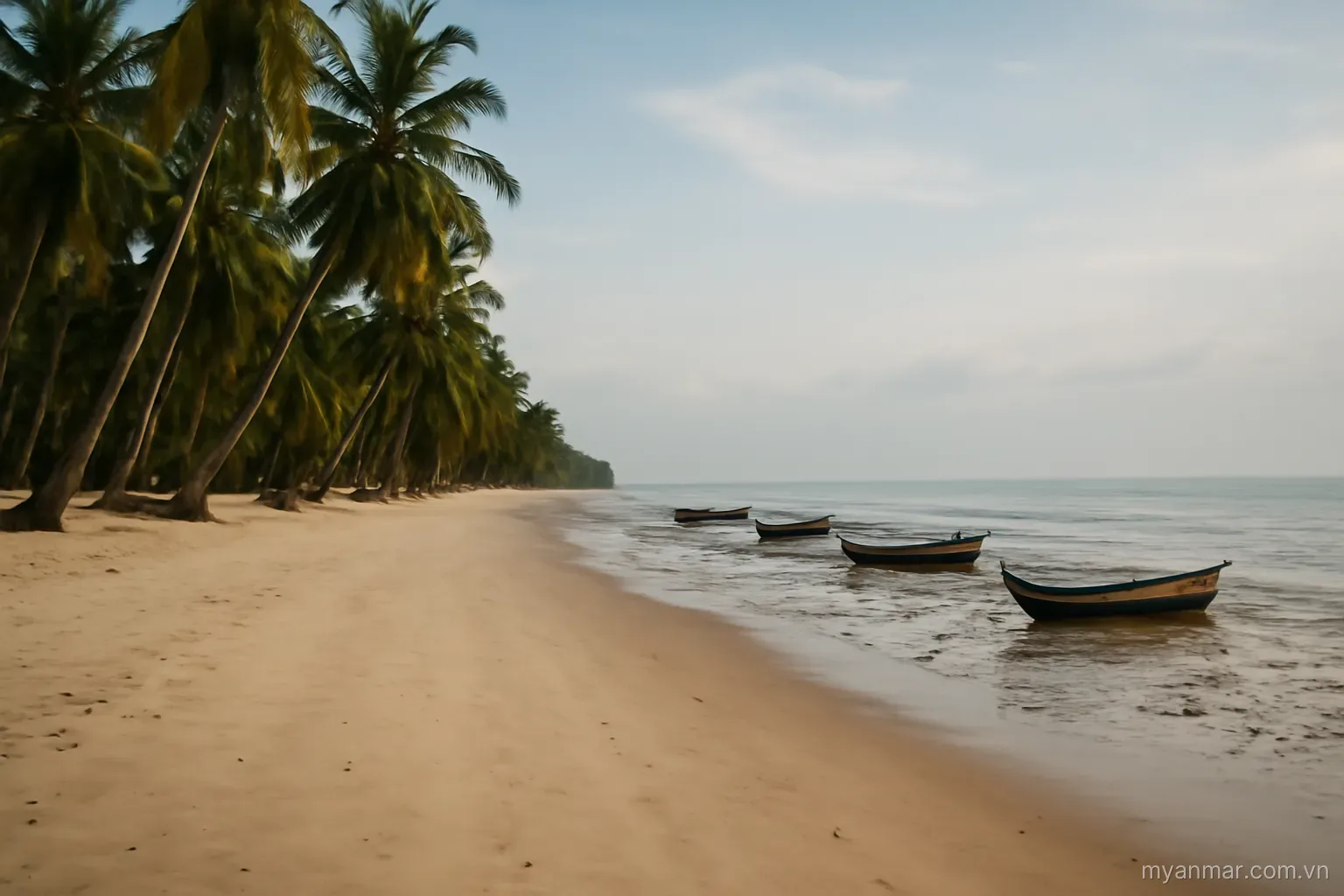A long empty beach with palm trees and fishing boats at low tide, wide view, no text