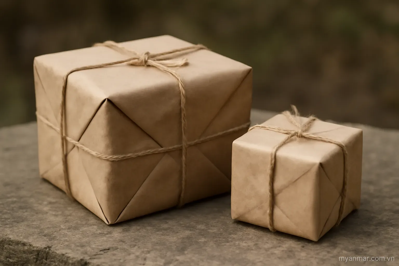 A bulky bundle beside a compact package of the same material on a stone slab, no text