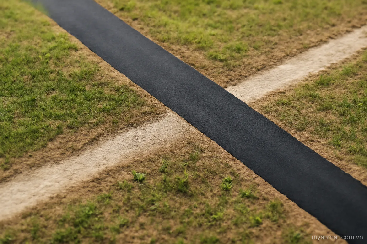 A new track crossing over an older path at an angle, seen from above, no text
