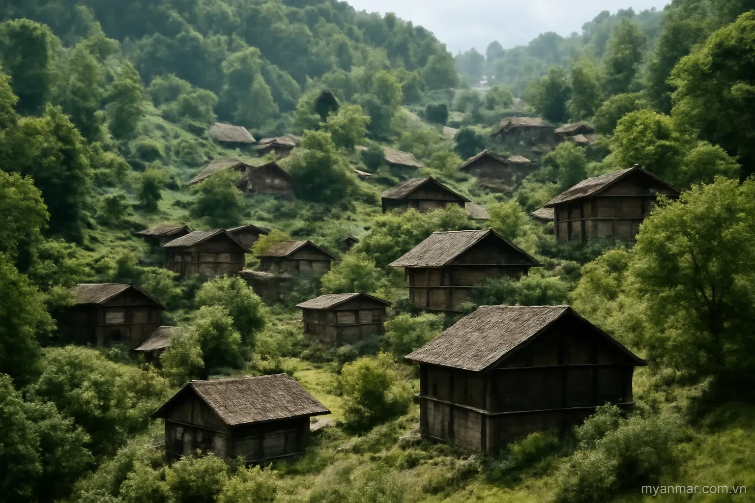A hillside village with traditional wooden houses among trees, wide view, no text
