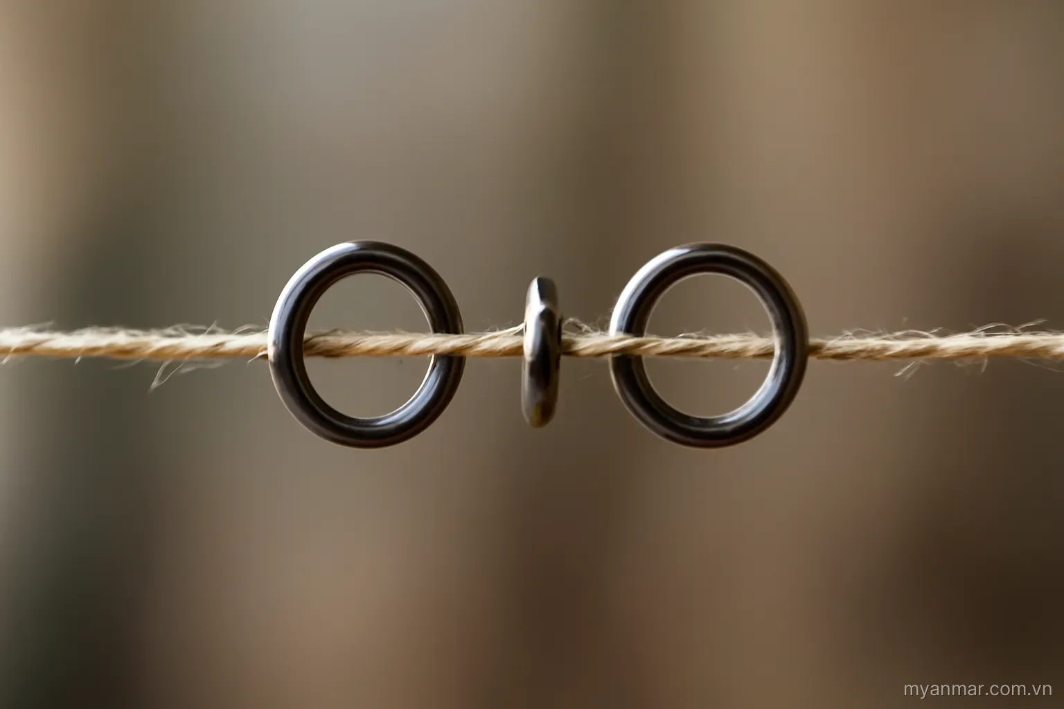 A thread passing through three rings where the middle one is visibly narrower, close view, no text