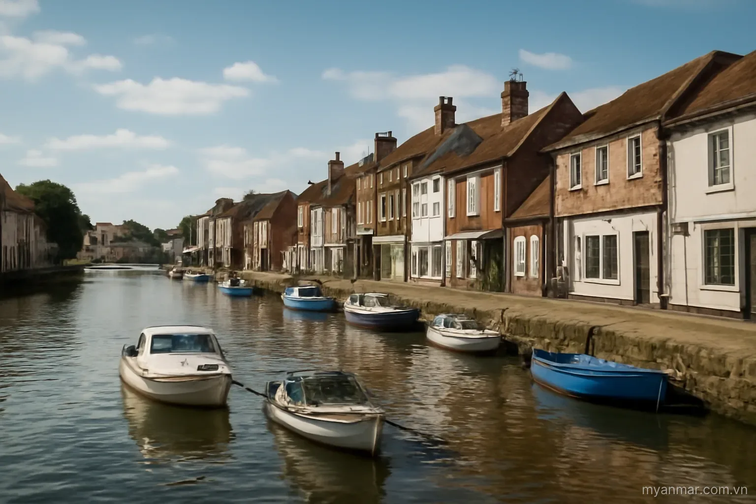 A riverside town with low buildings and boats moored along the bank, wide view, no text
