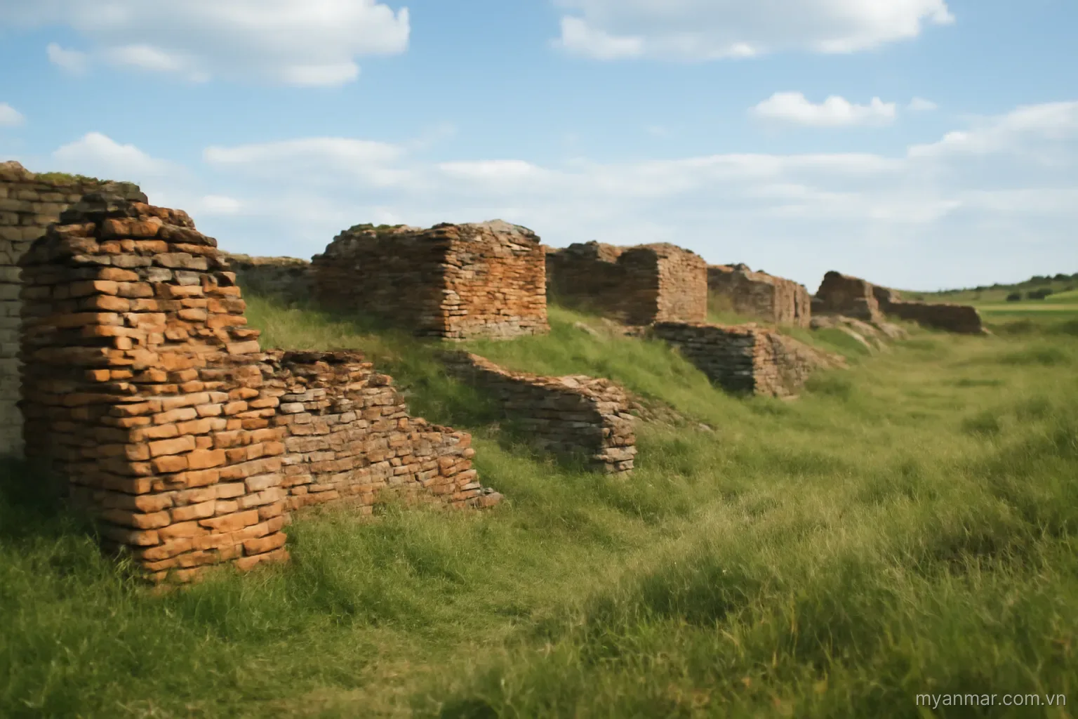 Ancient brick city walls partly buried in grass under open sky, wide view, no text