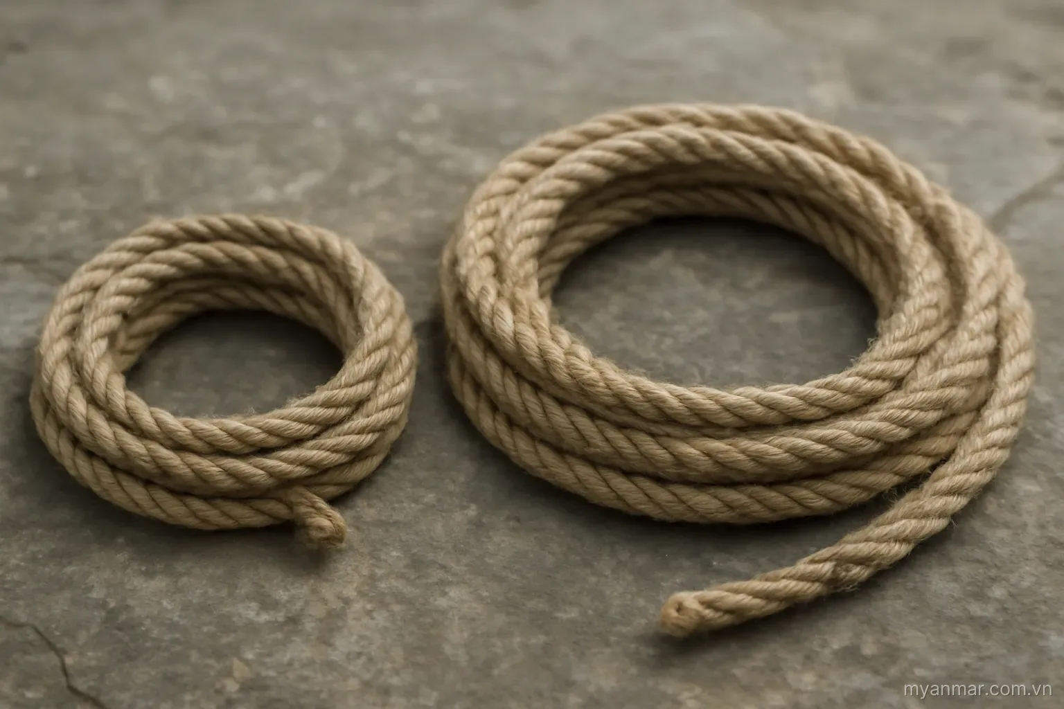 Two rope coils of visibly different lengths lying side by side on stone, no text