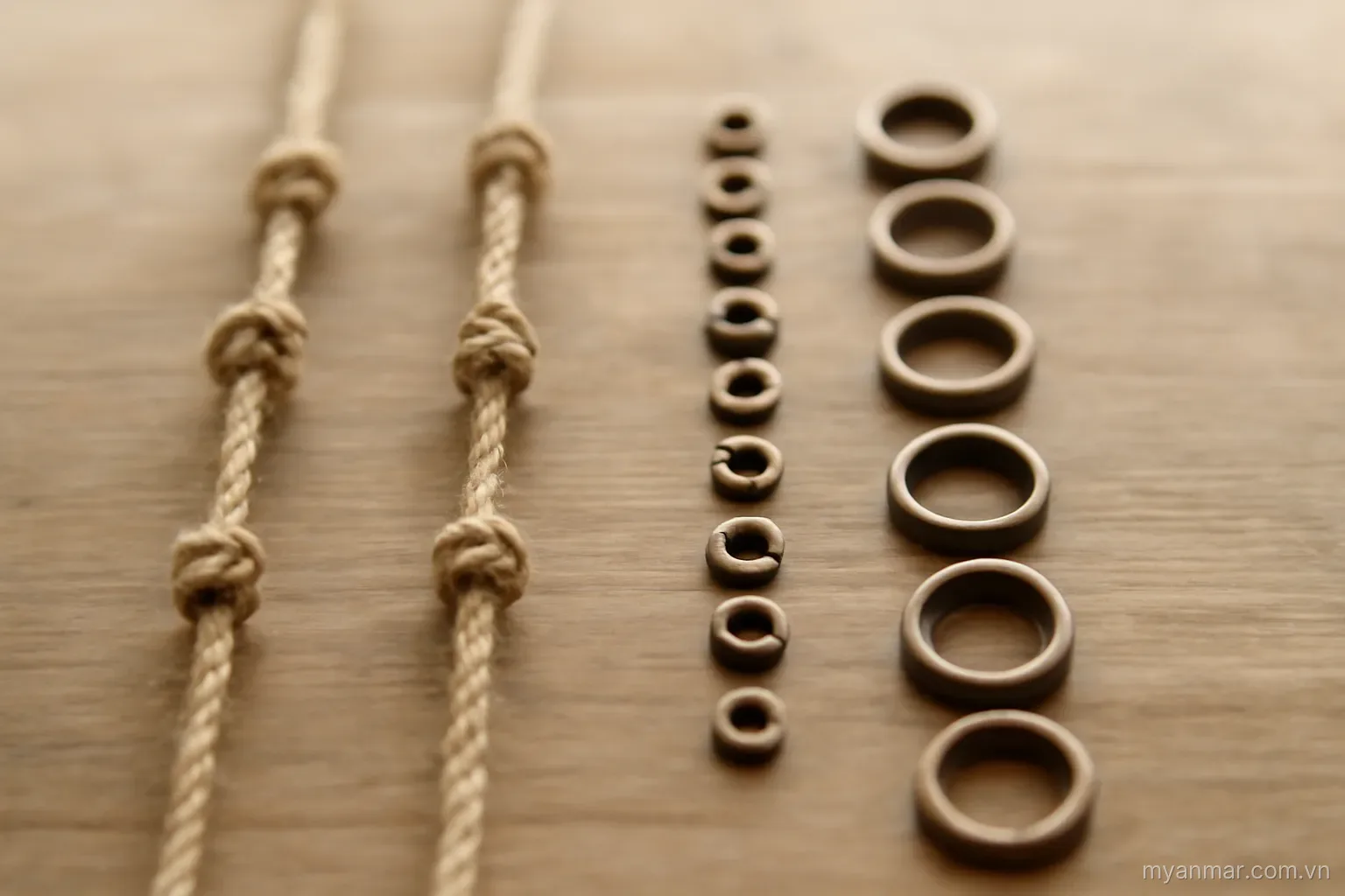 Two cords of different knot spacing laid beside two ring rows of matching spacing, no text
