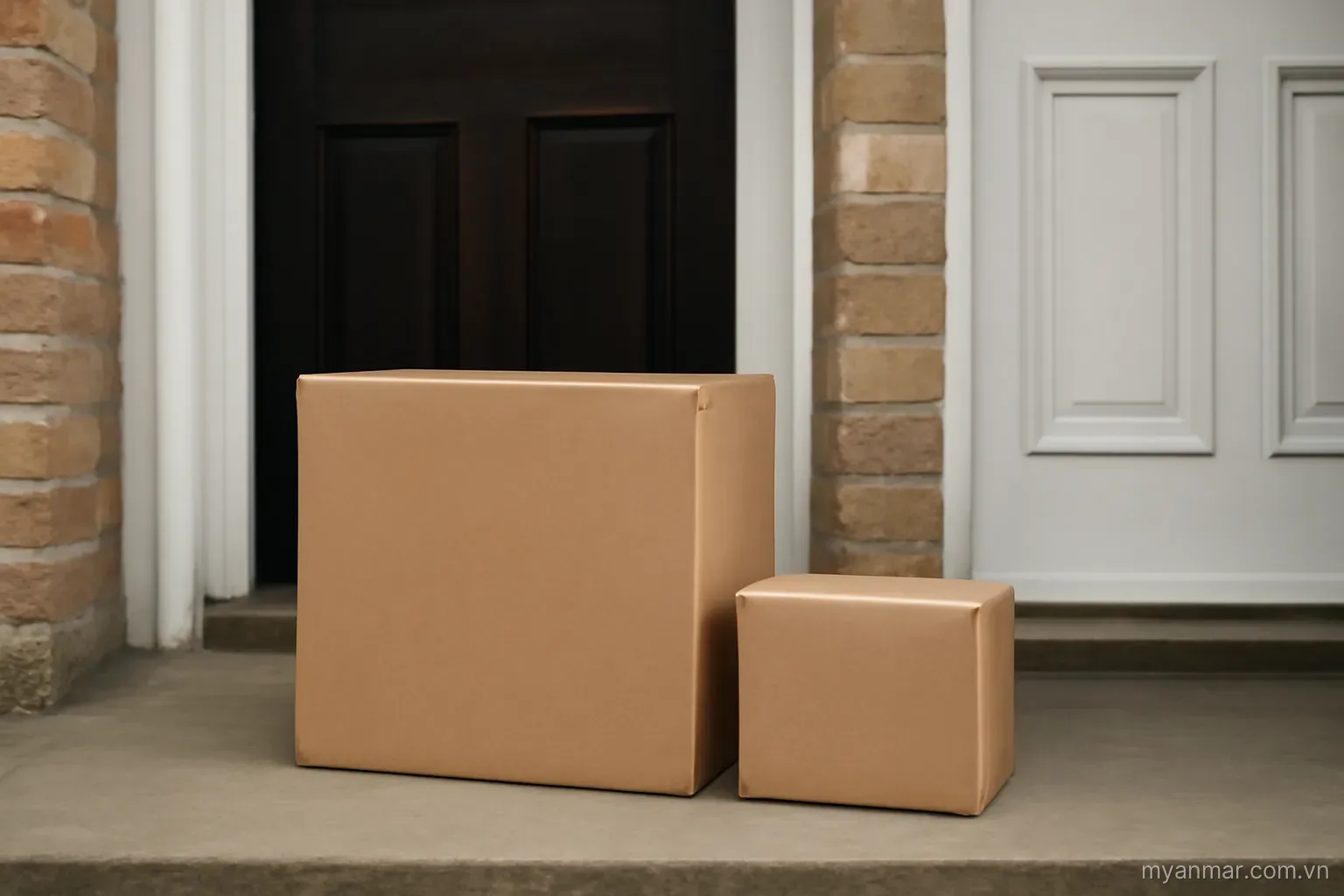 Two different sized packages placed before two doorways matching their widths, no text