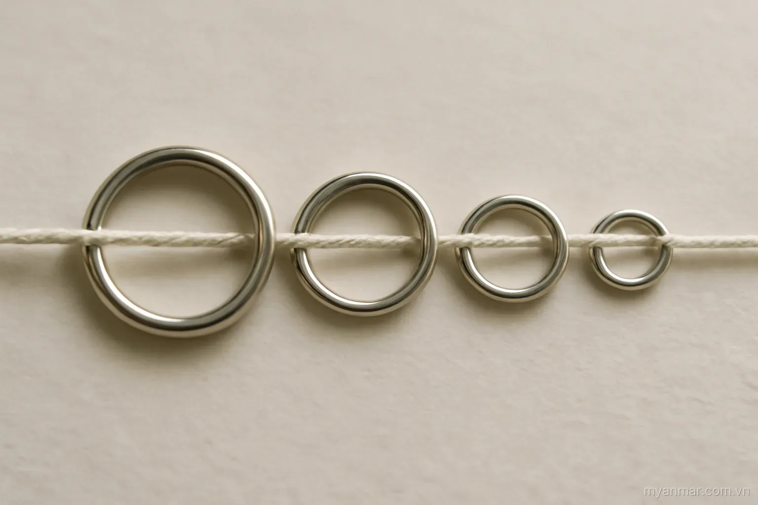 Four rings of decreasing size threaded on a single cord laid out straight, overhead view, no text
