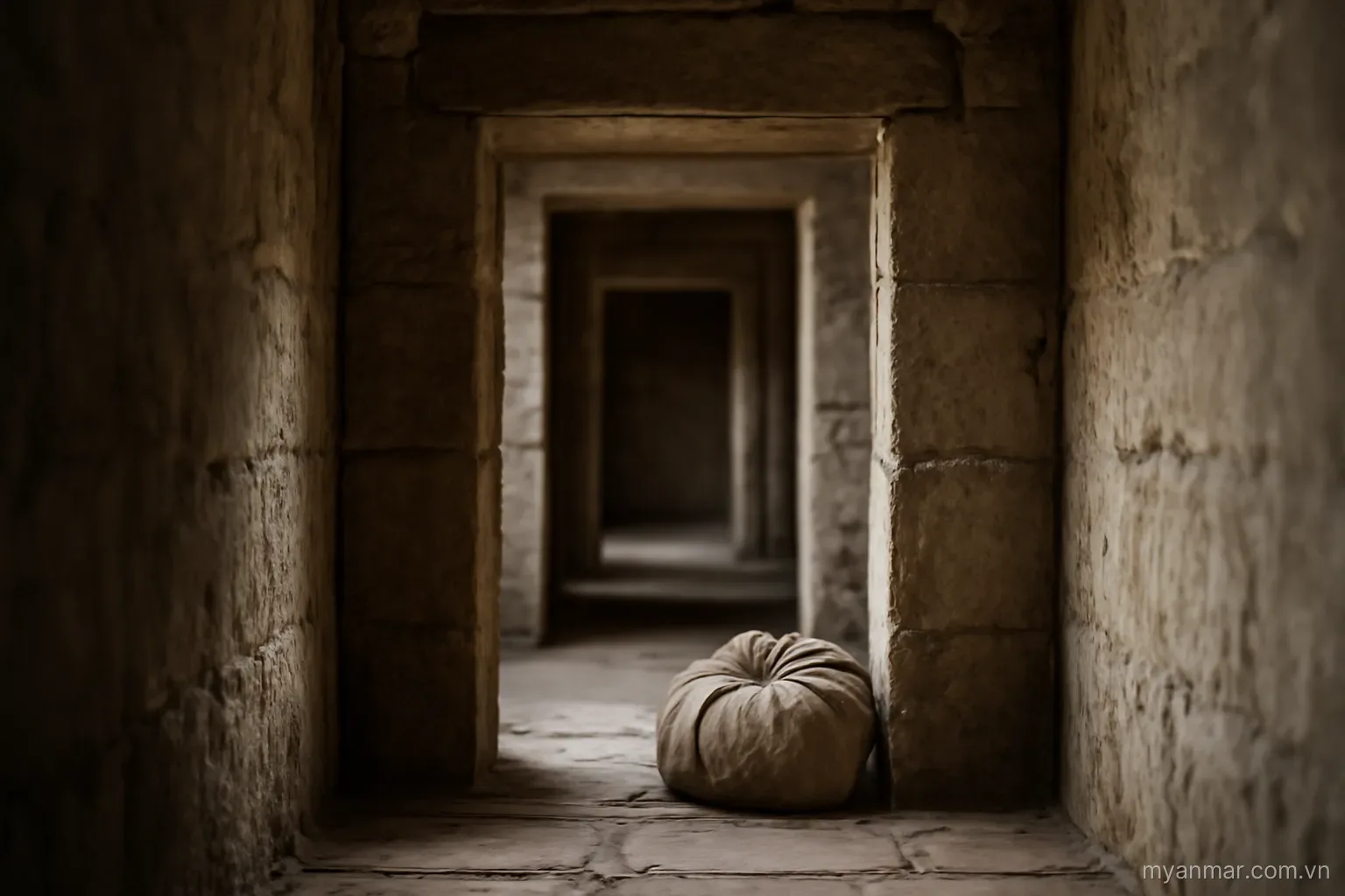 A row of stone doorways narrowing progressively with a bundle resting before the narrowest, no text