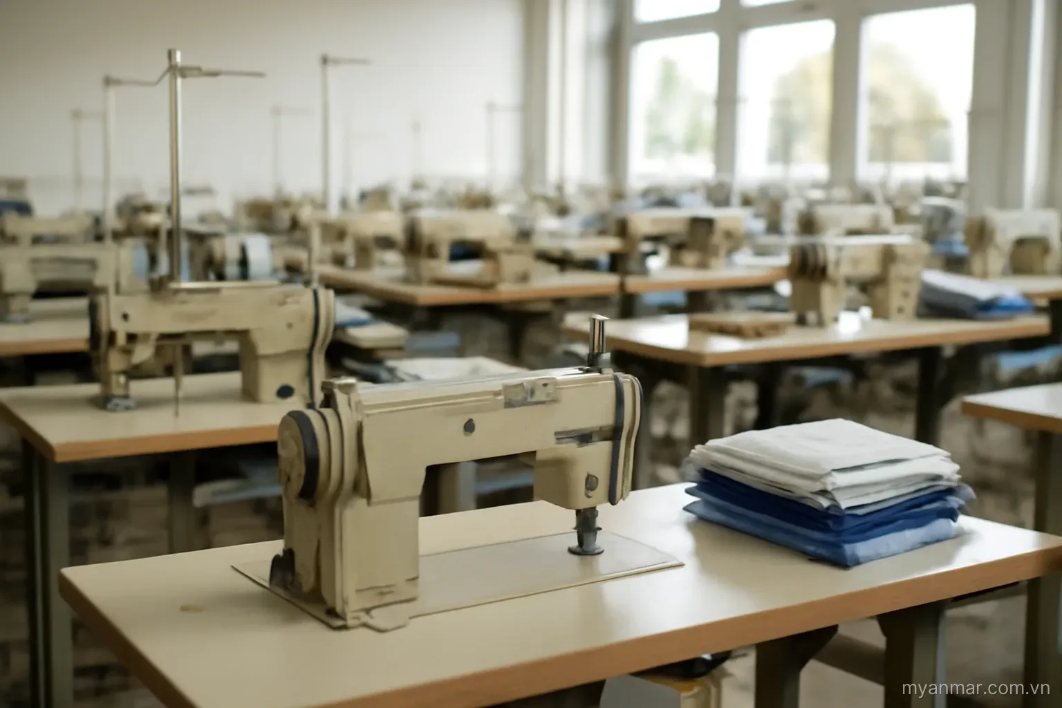 Rows of sewing machines in a garment workshop with fabric stacks, wide view, no text