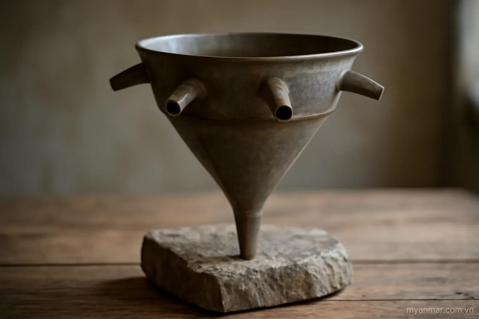 A funnel with several inflow spouts above and one narrow outlet below, resting on a stone, no text