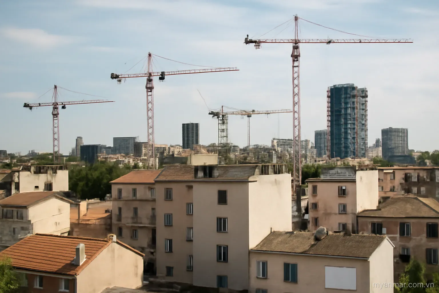 A mix of low-rise buildings and construction cranes at a city edge, wide view, no text