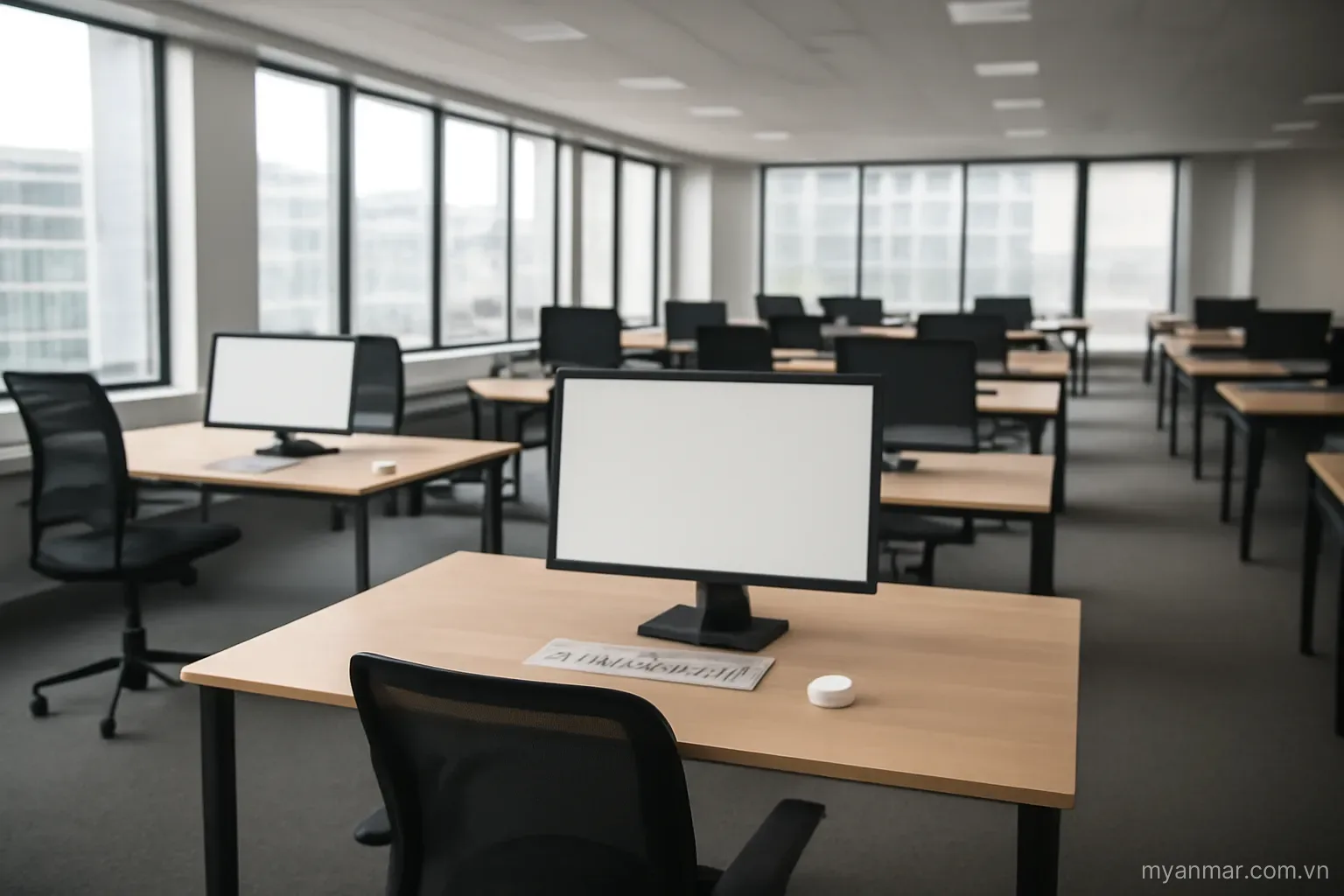 An empty office space with bare desks and large windows, wide view, no text