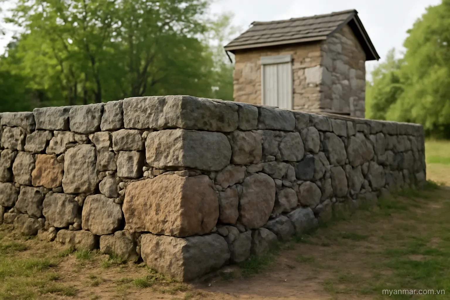 Stone foundations of a structure larger than the small building standing on them, no text