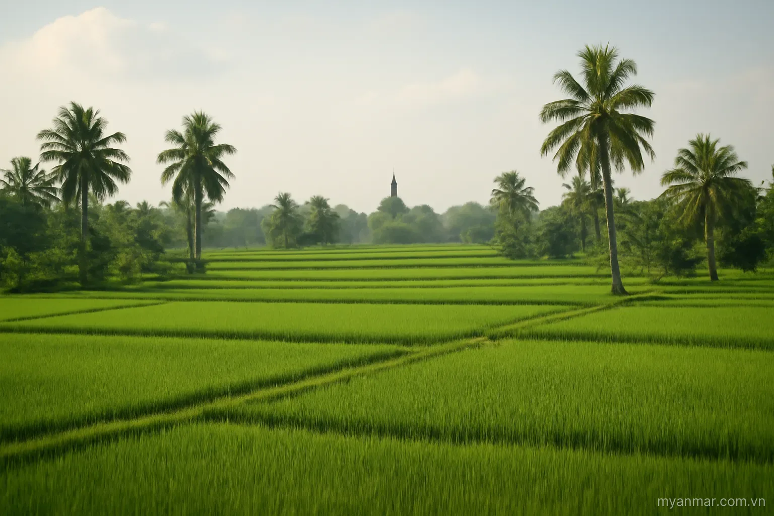 Flat rice paddies with palm trees and a distant pagoda spire, wide view, no text