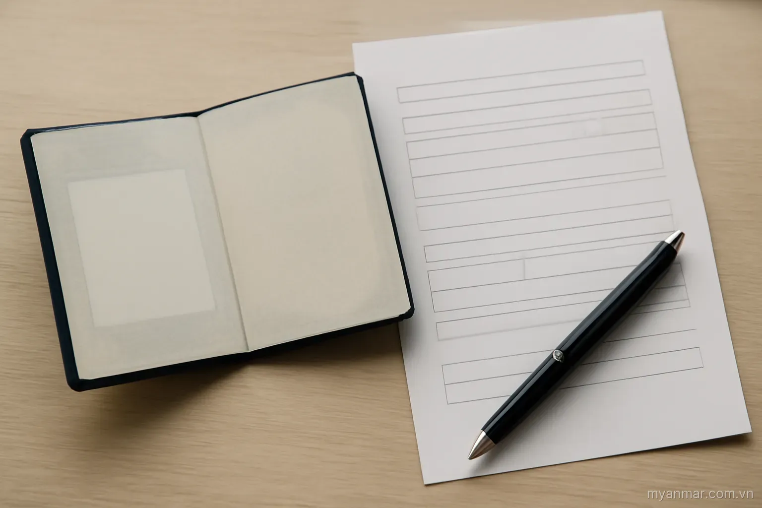 A passport open beside an application form and a pen, top-down view, no text