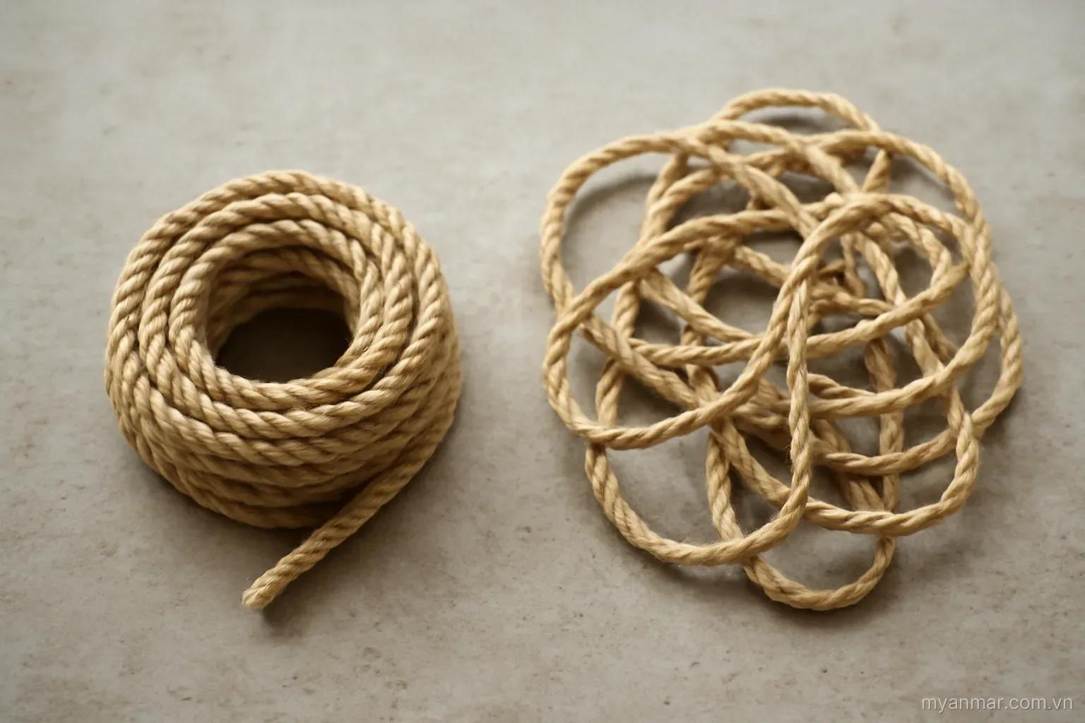 A rope wound tightly into a compact coil next to a loose tangled one, overhead view, no text