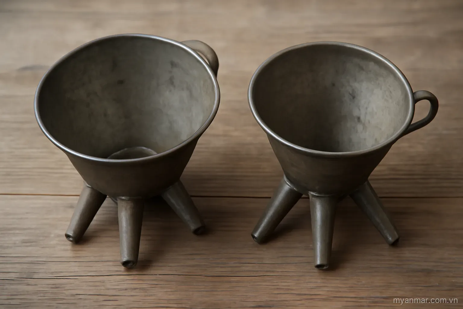 Two separate funnels each with their own set of spouts, not connected, overhead view, no text