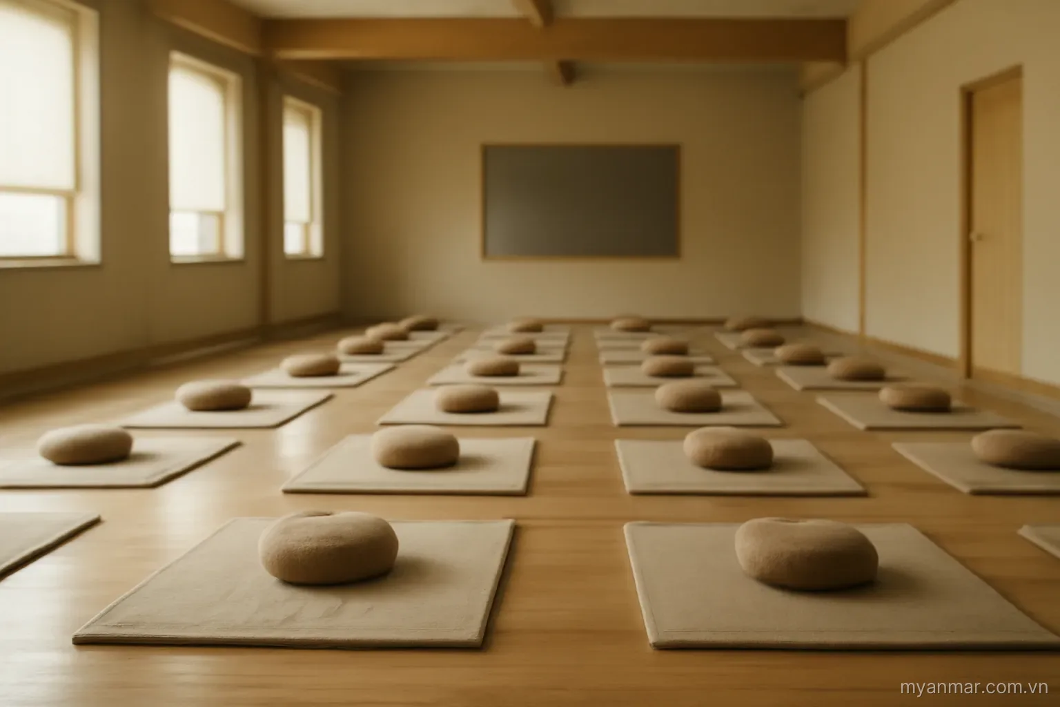 A simple meditation hall with mats arranged in rows and soft light, wide view, no text