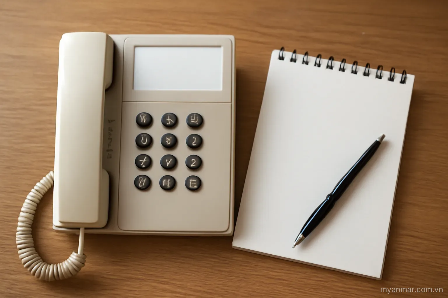 A telephone and a notepad with contact numbers on an office desk, top-down view, no text