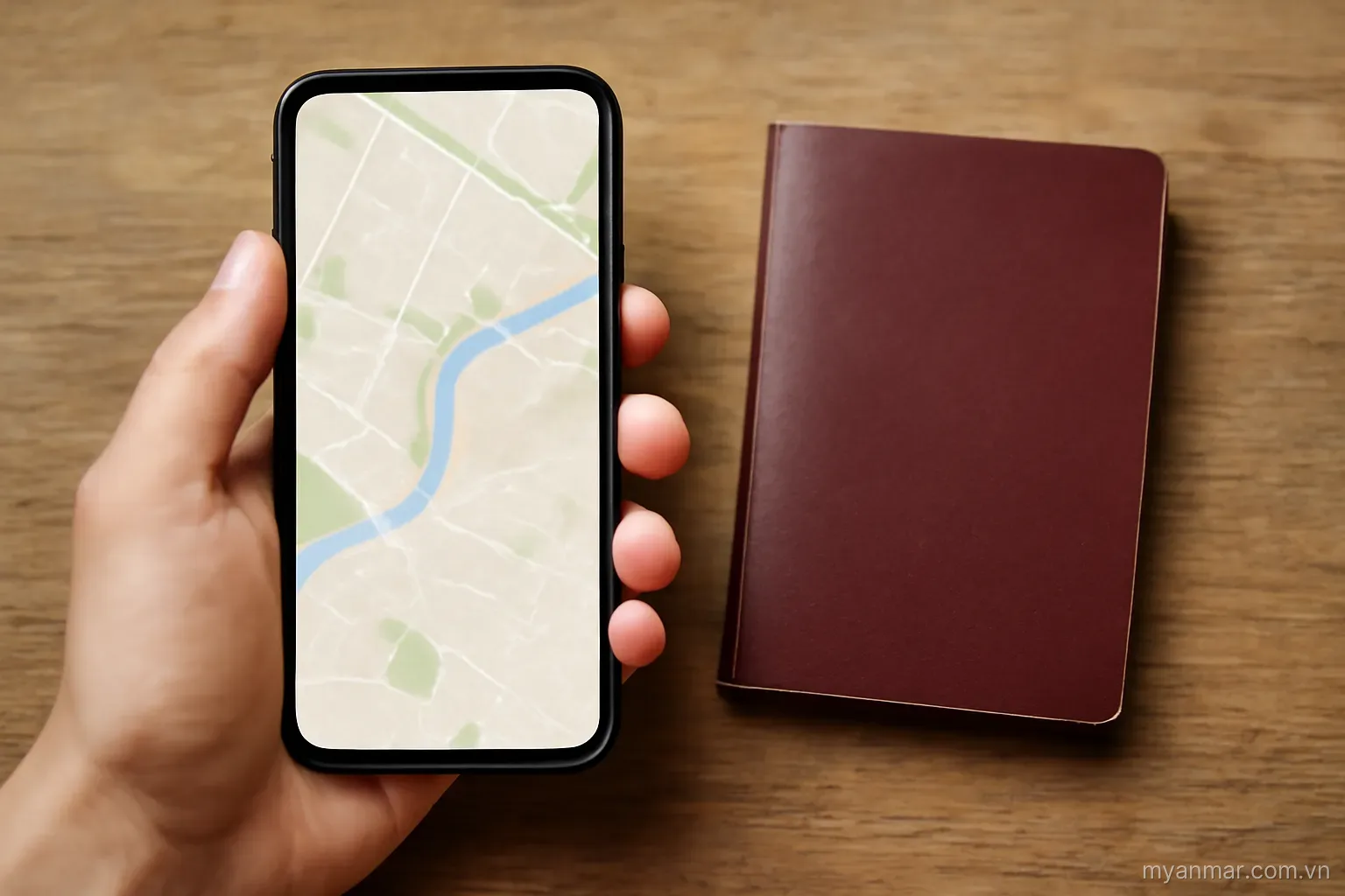 A hand holding a phone showing a map beside a passport on a table, top-down view, no text