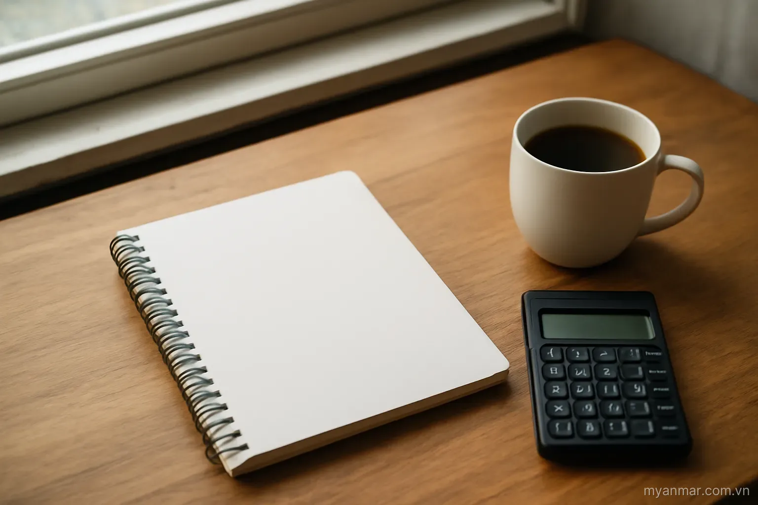A desk with a notebook, calculator and a cup beside a window, top-down view, no text