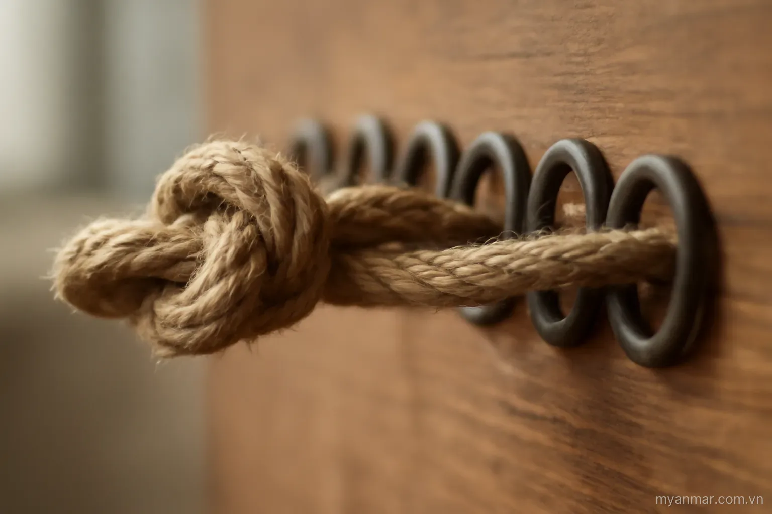 A knotted cord threaded partway through a row of rings mounted on wood, side view, no text