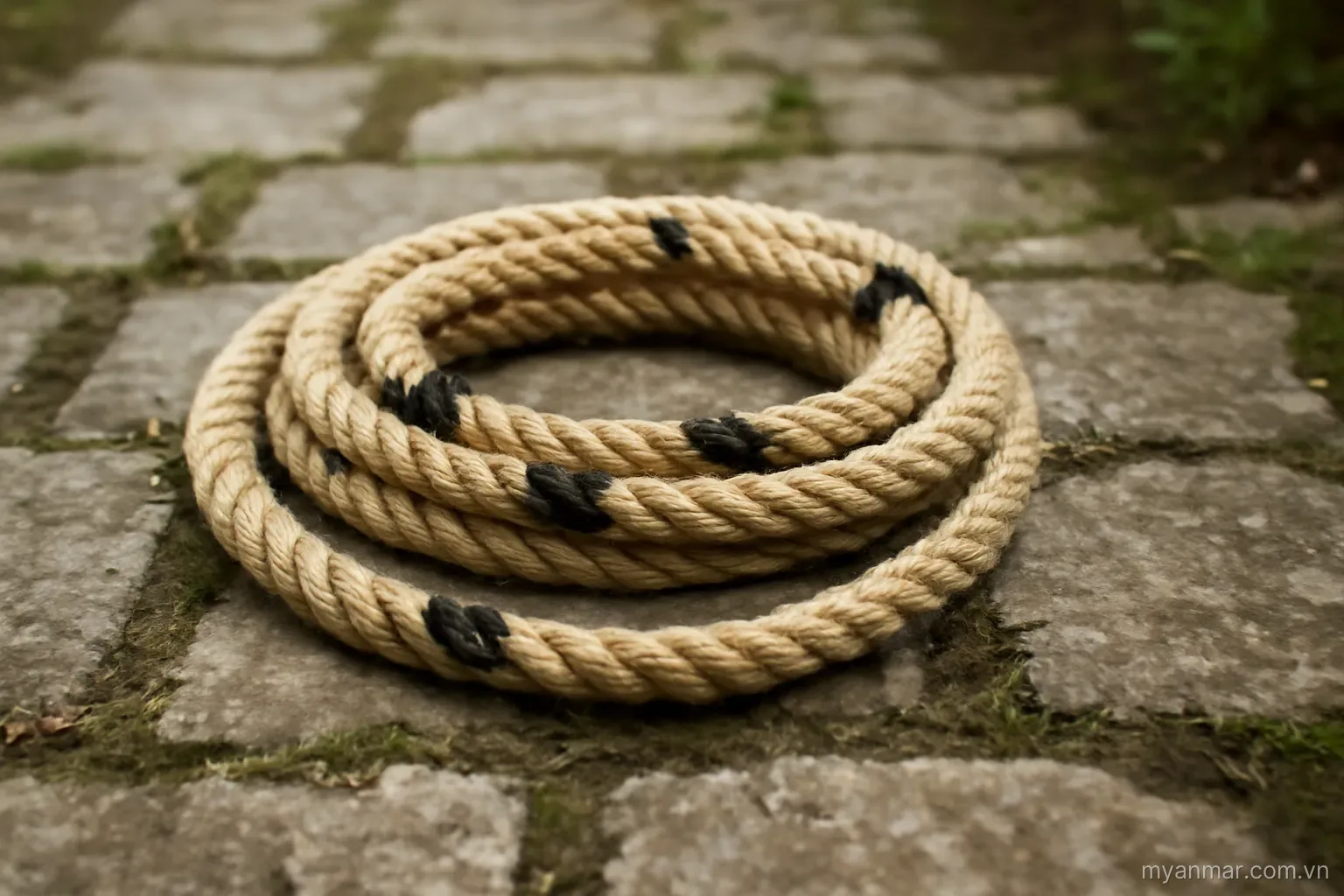 A coil of rope with burnt gaps at regular intervals lying along a stone path, no text