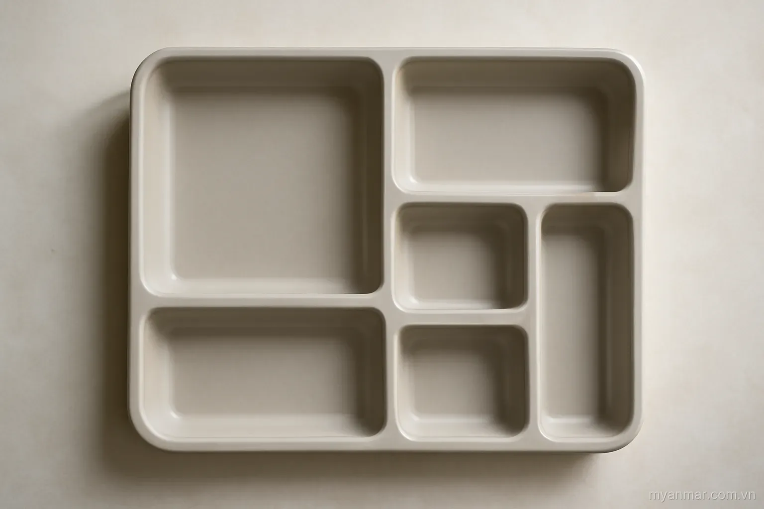 A shallow tray divided into compartments by walls of different heights, overhead view, no text