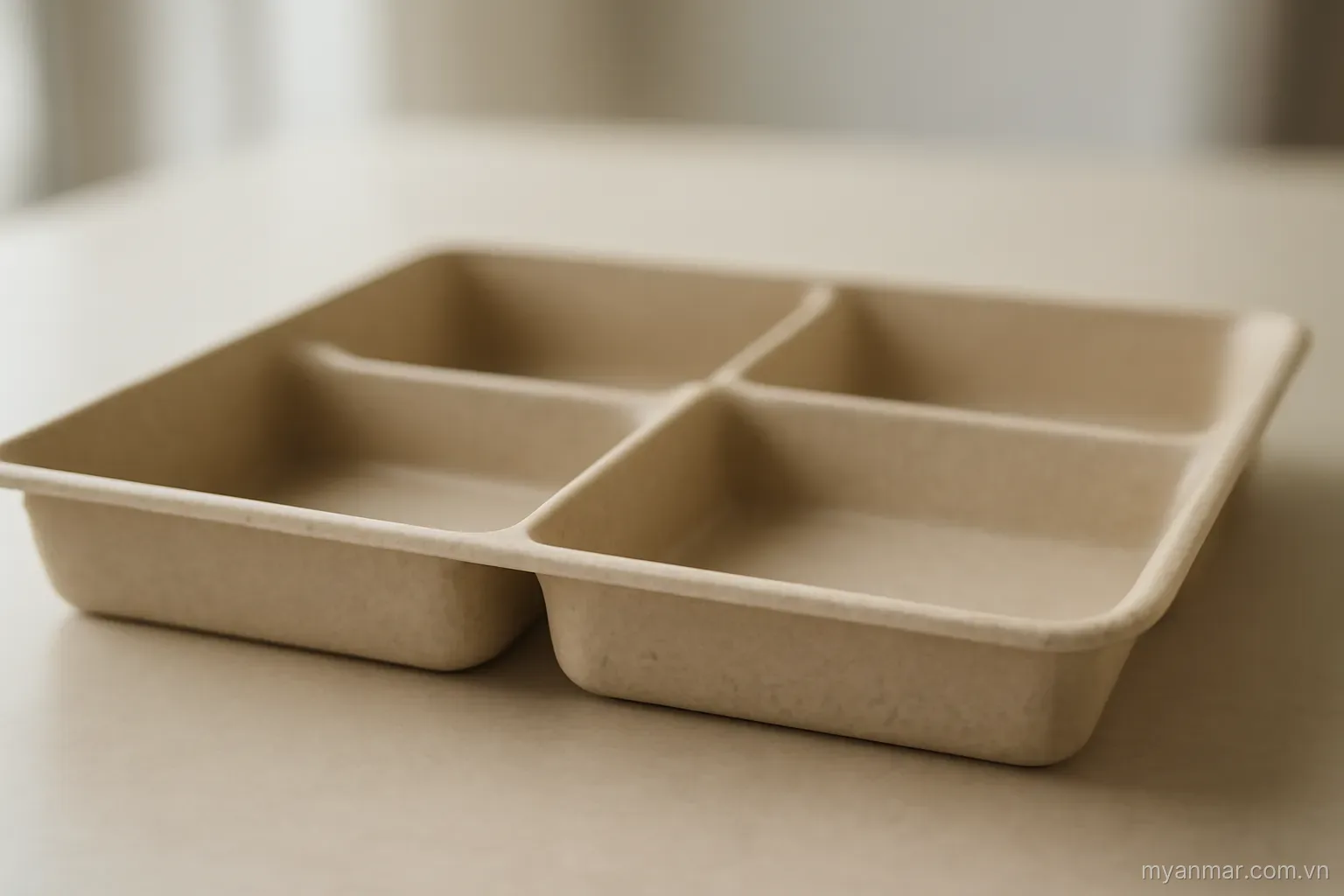 A partitioned tray seen from the side, some walls tall and some low, material at different levels, no text