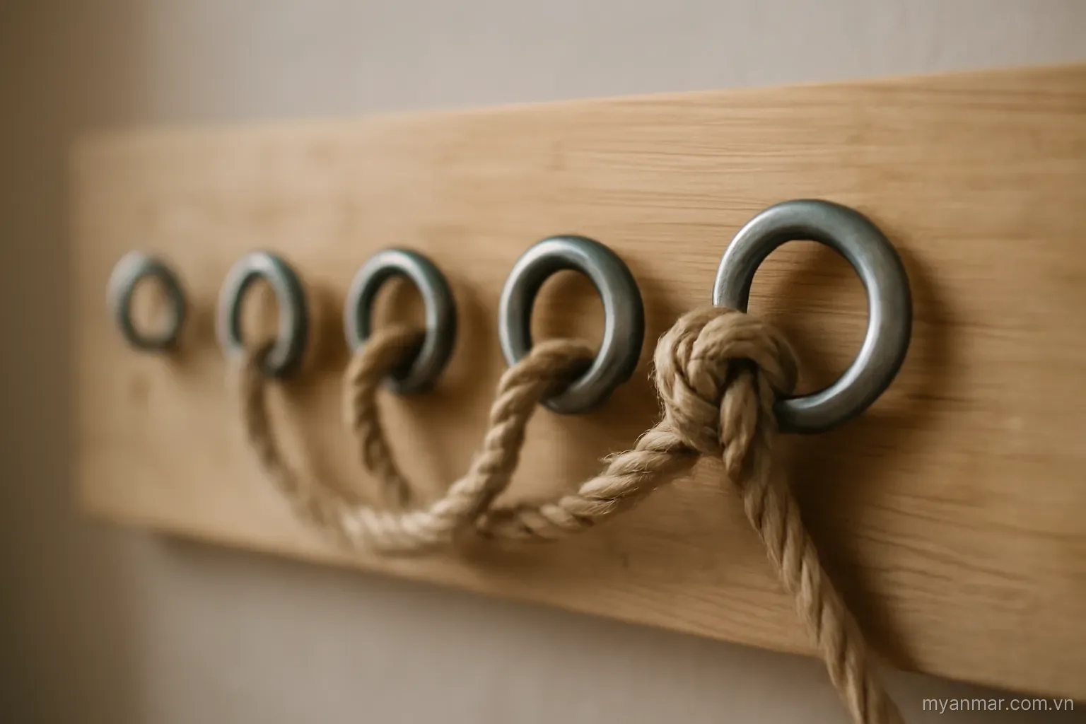 A knotted cord being drawn through a row of rings of varying widths mounted on a board, no text