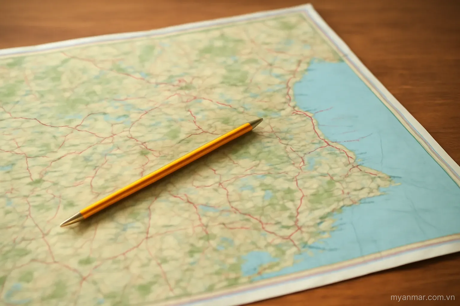 A regional map spread on a table with a pencil resting on it, top-down view, no text