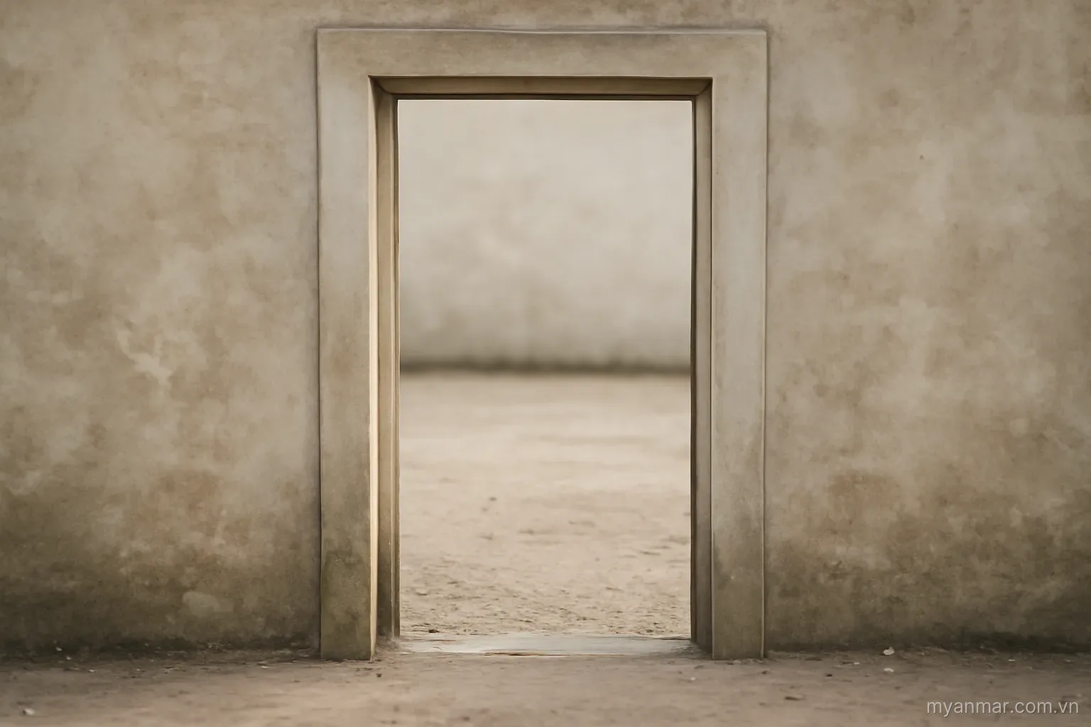 An empty doorway frame with nothing passing through it, plain ground beyond, no text