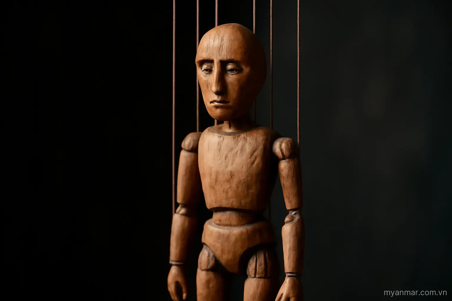 A carved wooden marionette hanging on strings against a dark backdrop, eye level, no text