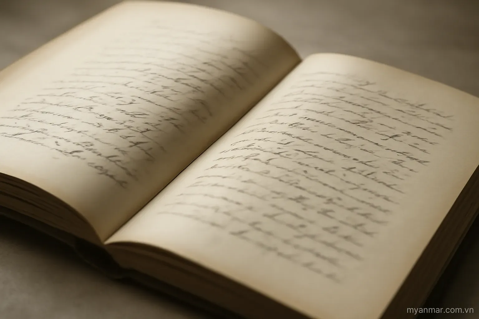 A page of curved script writing in an open book, top-down view, no text