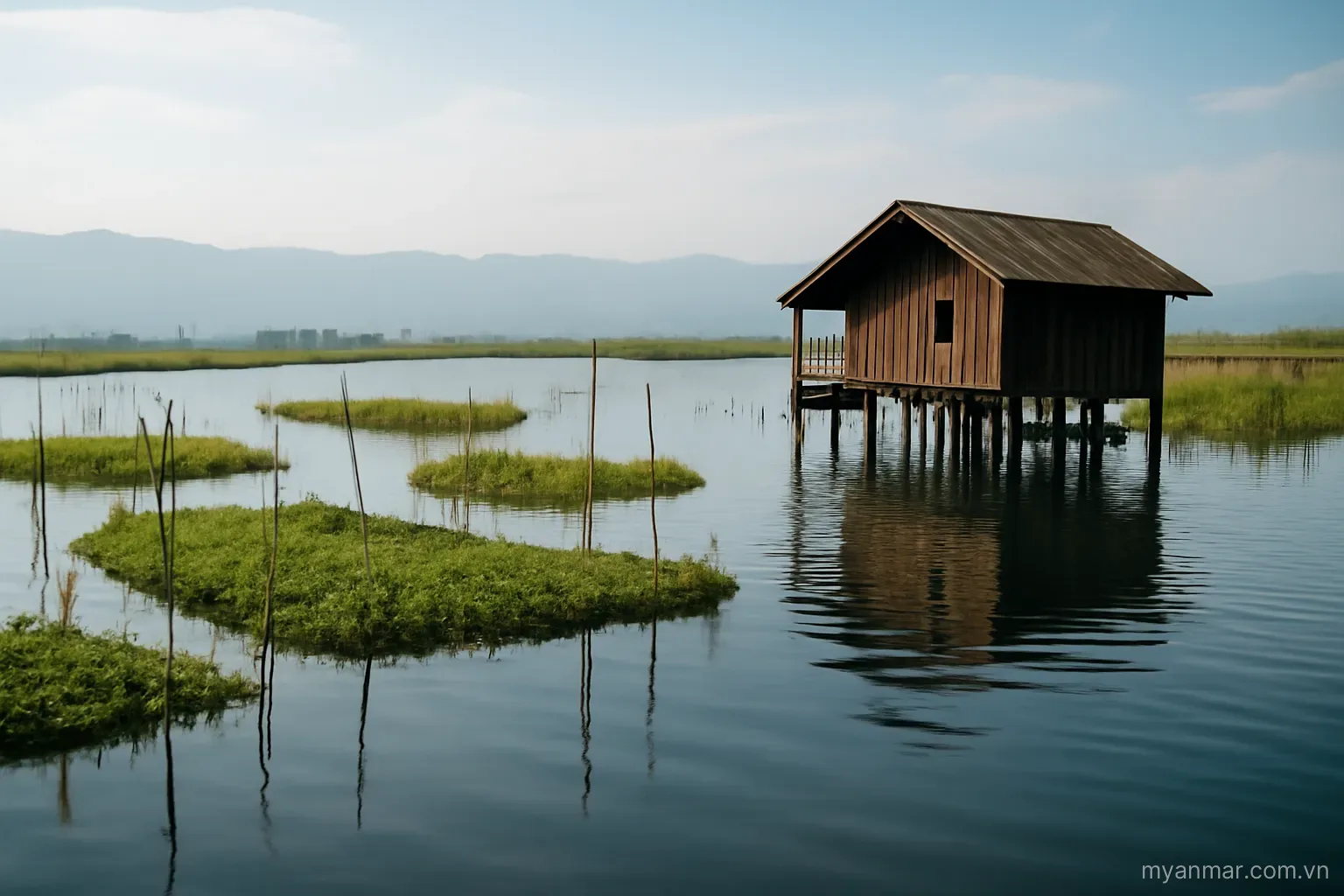 A calm lake with floating gardens and a wooden stilt house, wide view, no text