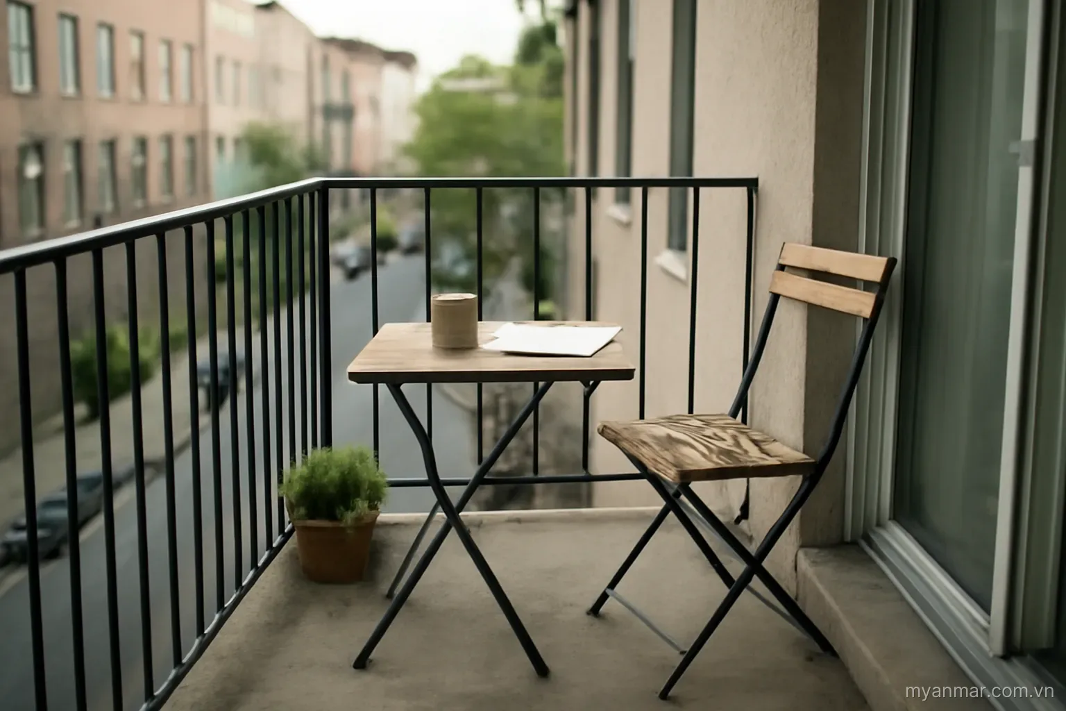 A modest apartment balcony overlooking a quiet city street, eye level, no text
