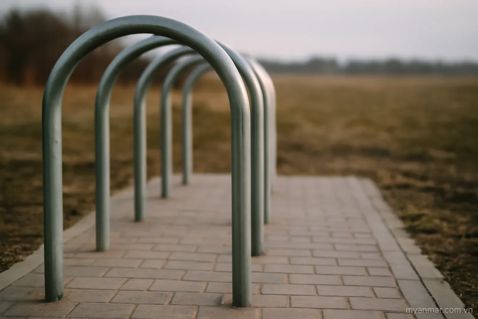 A row of rings ending abruptly with open ground beyond, side view, no text