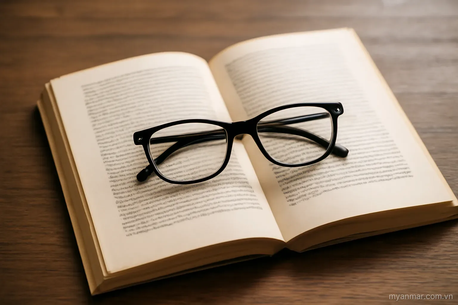 A pair of glasses resting on an open book on a wooden surface, top-down view, no text