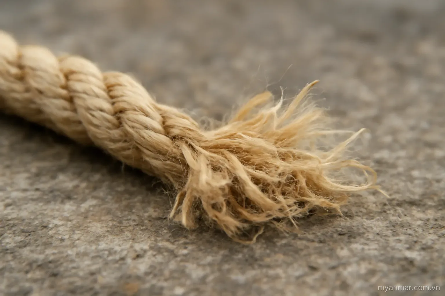 A rope segment beside a small pile of its own frayed fibers on stone, close view, no text