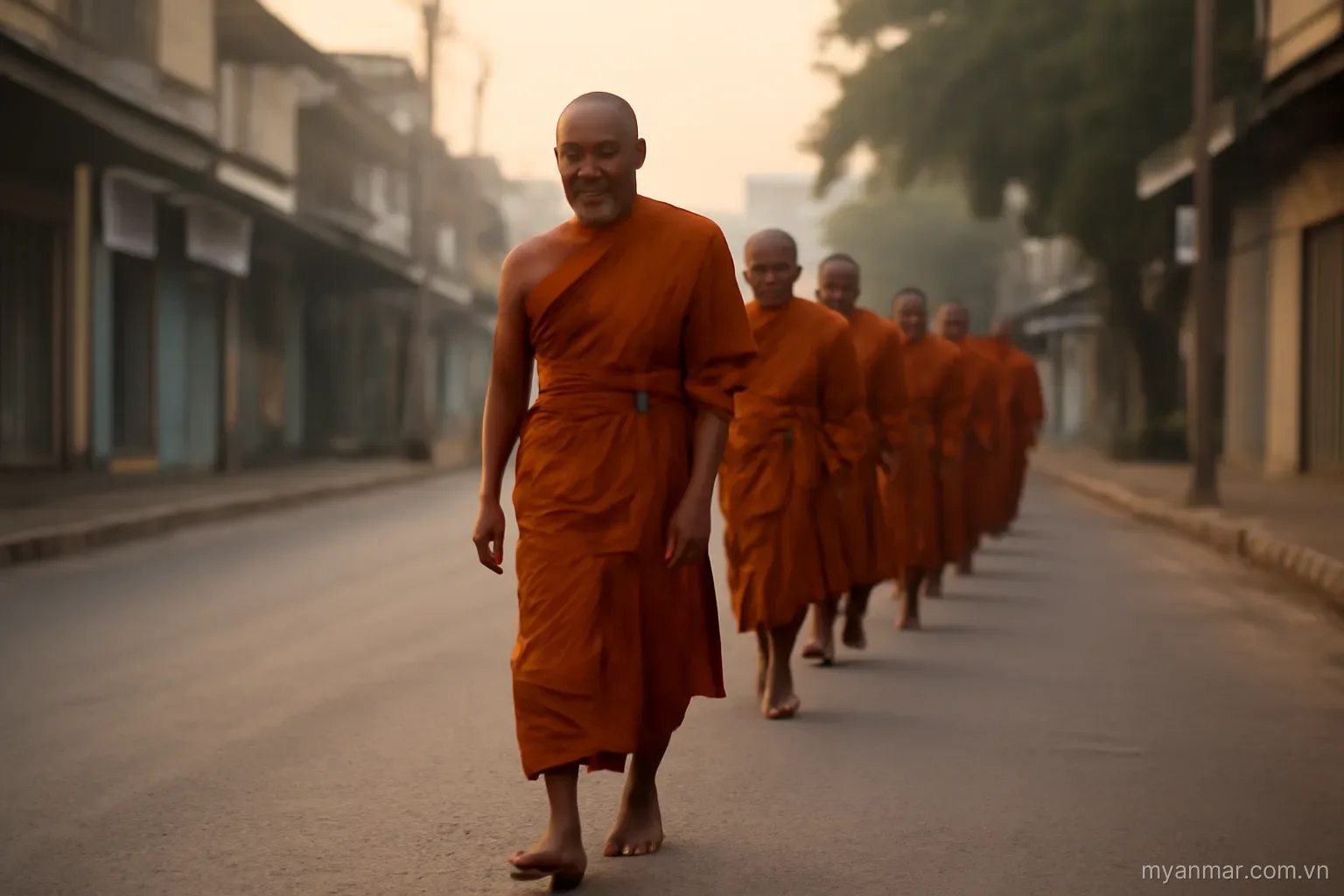 A line of monks walking barefoot along a quiet street in early morning, wide view, no text