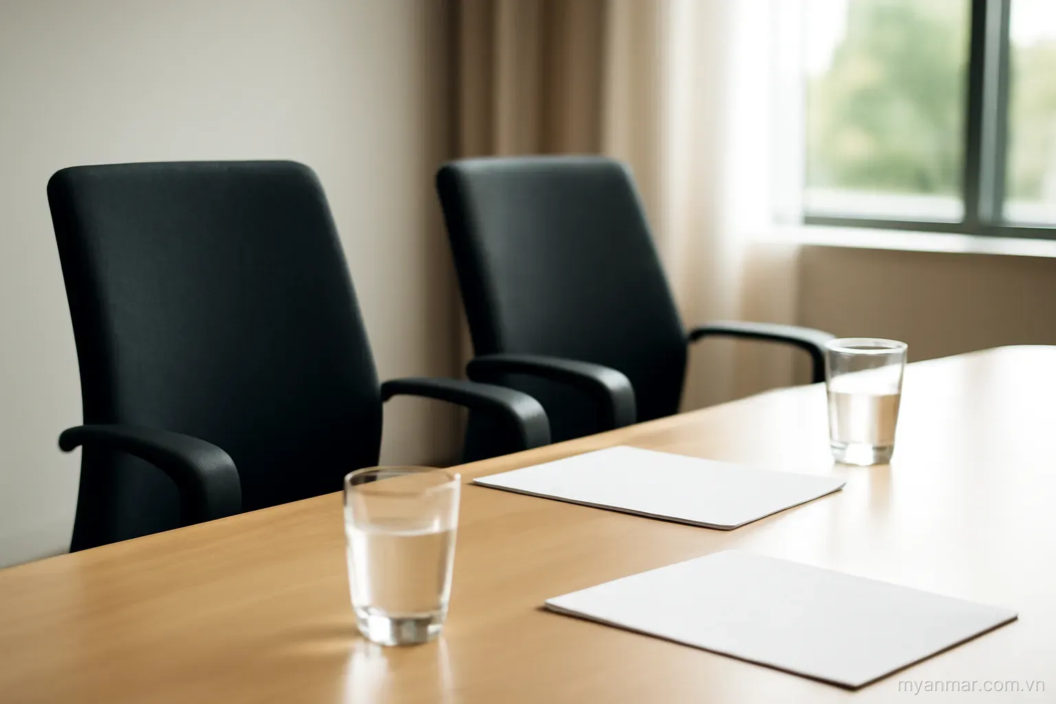 Two office chairs at a meeting table with documents and water glasses, eye level, no text