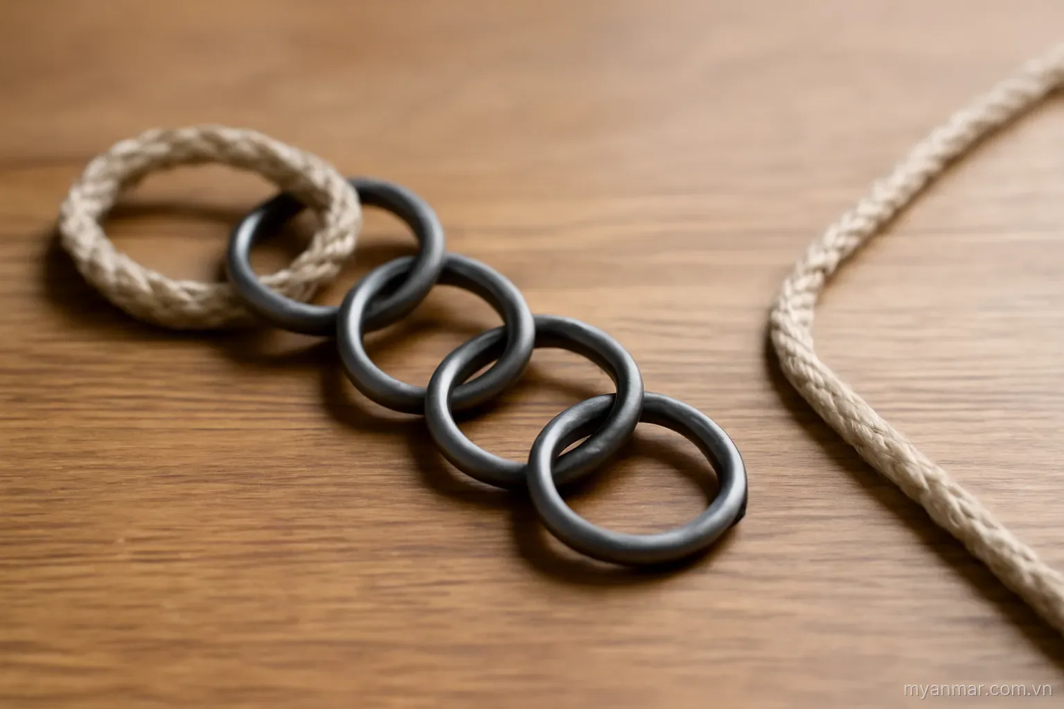 A cord passing through more rings than necessary with a shorter direct path visible beside it, no text