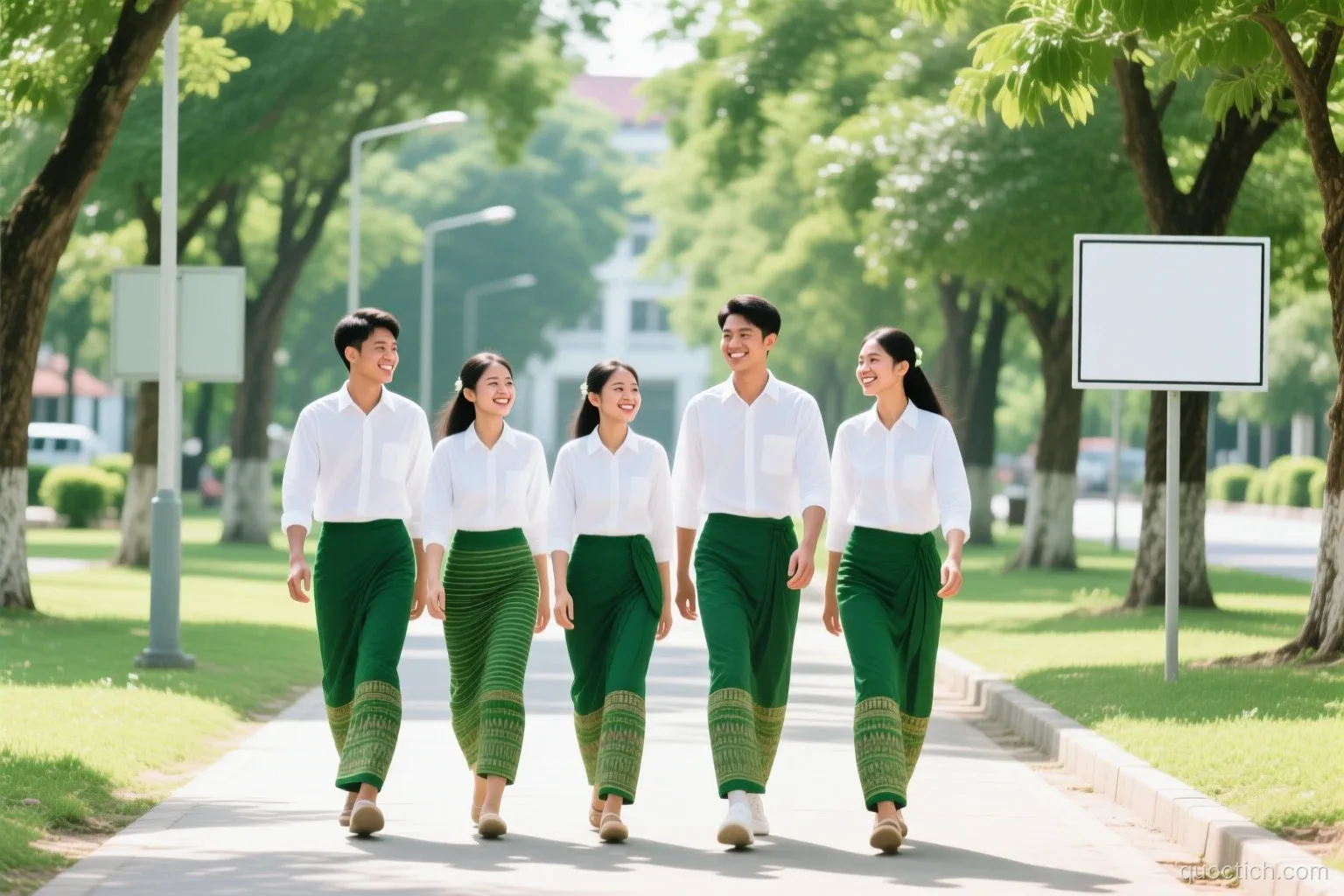 Group of smiling Myanmar university students in white shirts and green longyi walking along a sunny tree-lined path at Yangon University, wide shot, fresh green and white tones