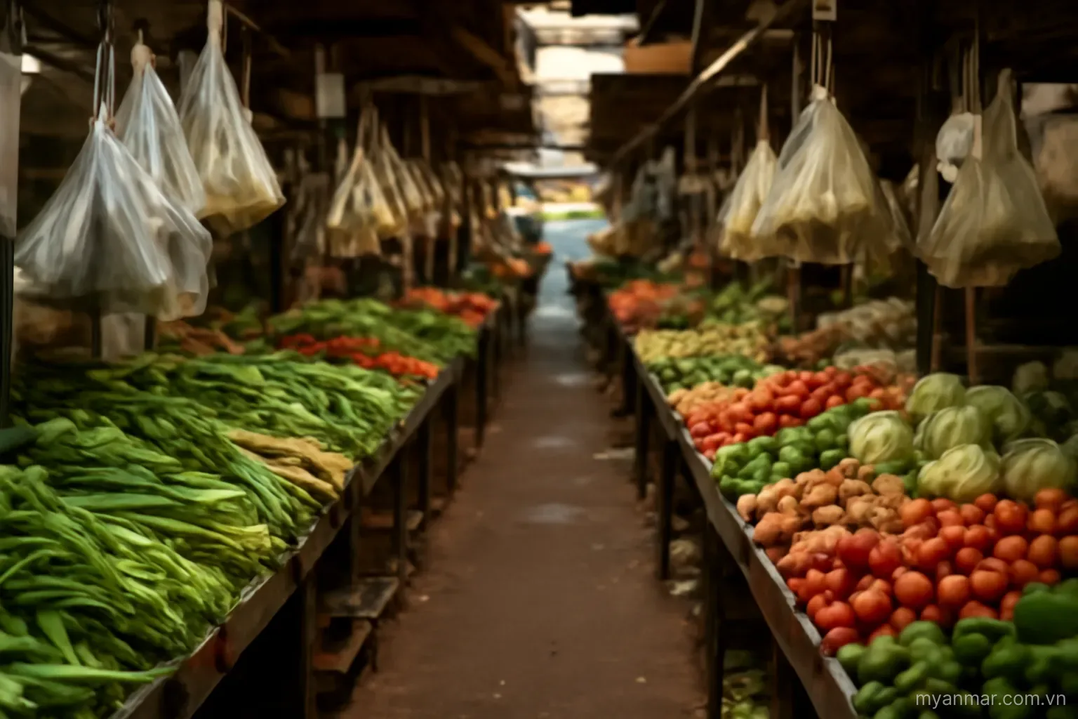 A local market aisle with vegetable stalls and hanging bags, eye level, no text