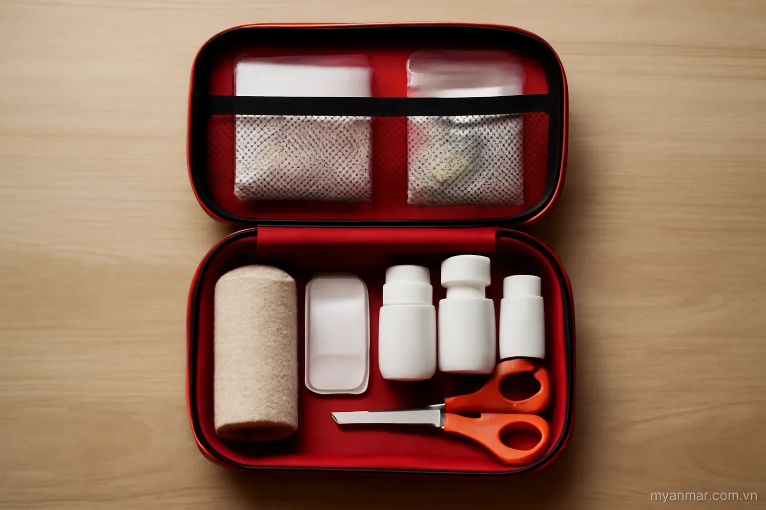 A first aid kit open with basic supplies on a table, top-down view, no text