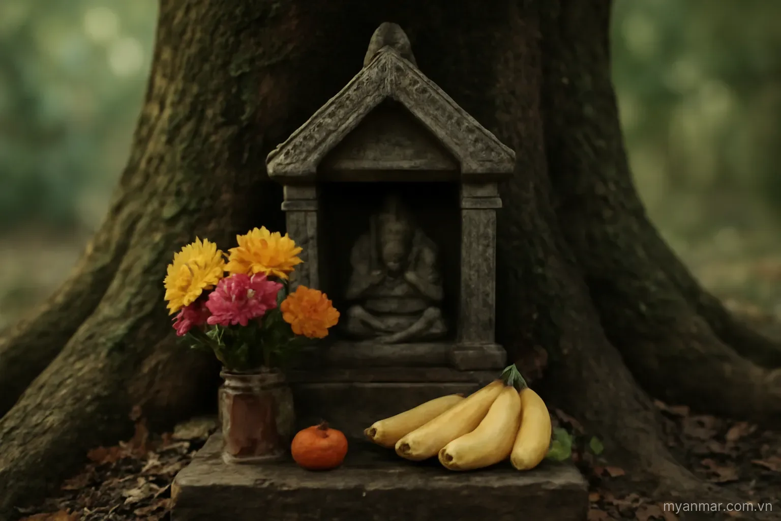 A small shrine with offerings of flowers and fruit at the base of a large tree, eye level, no text