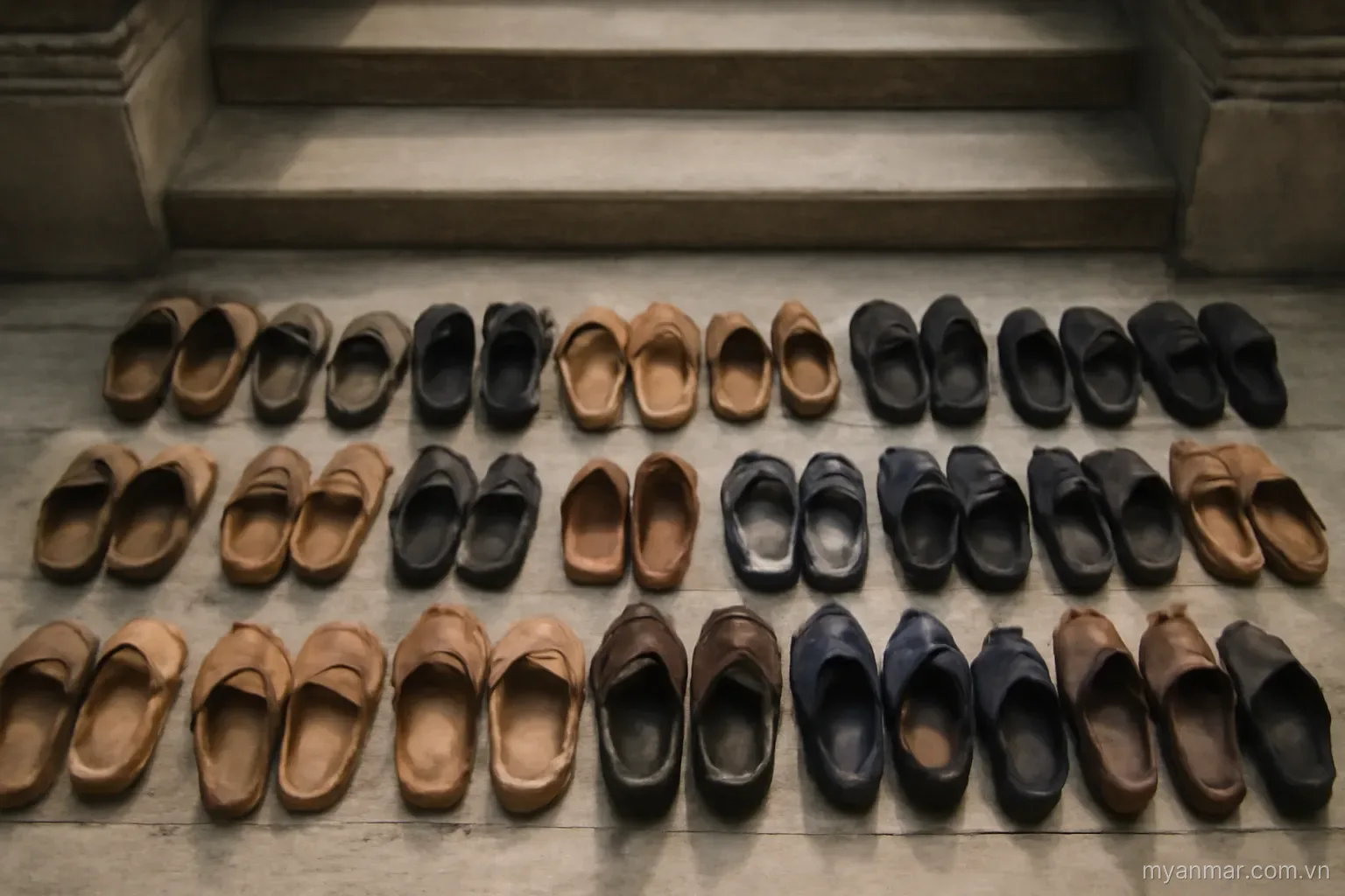 Rows of shoes and sandals left at the base of a temple stairway, top-down view, no text